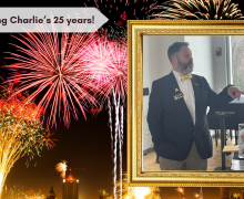 Image of Charlie Wallin, with a background of colorful fireworks