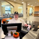 Campus Dining’s Jamie Isaacs, a night shift greeter at Rivers Street Cafe in App State’s Roess Dining Hall. Photo by Caeleigh McGuire