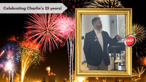 Image of Charlie Wallin, with a background of colorful fireworks