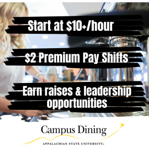 background image of Coffee Shop employee making a beverage, over image are three statements: "Start at $8.50+/hour", "$2 premium pay shifts", and "Earn raises & leadership opportunities". The Campus Dining logo is visiable at the bottom of the image